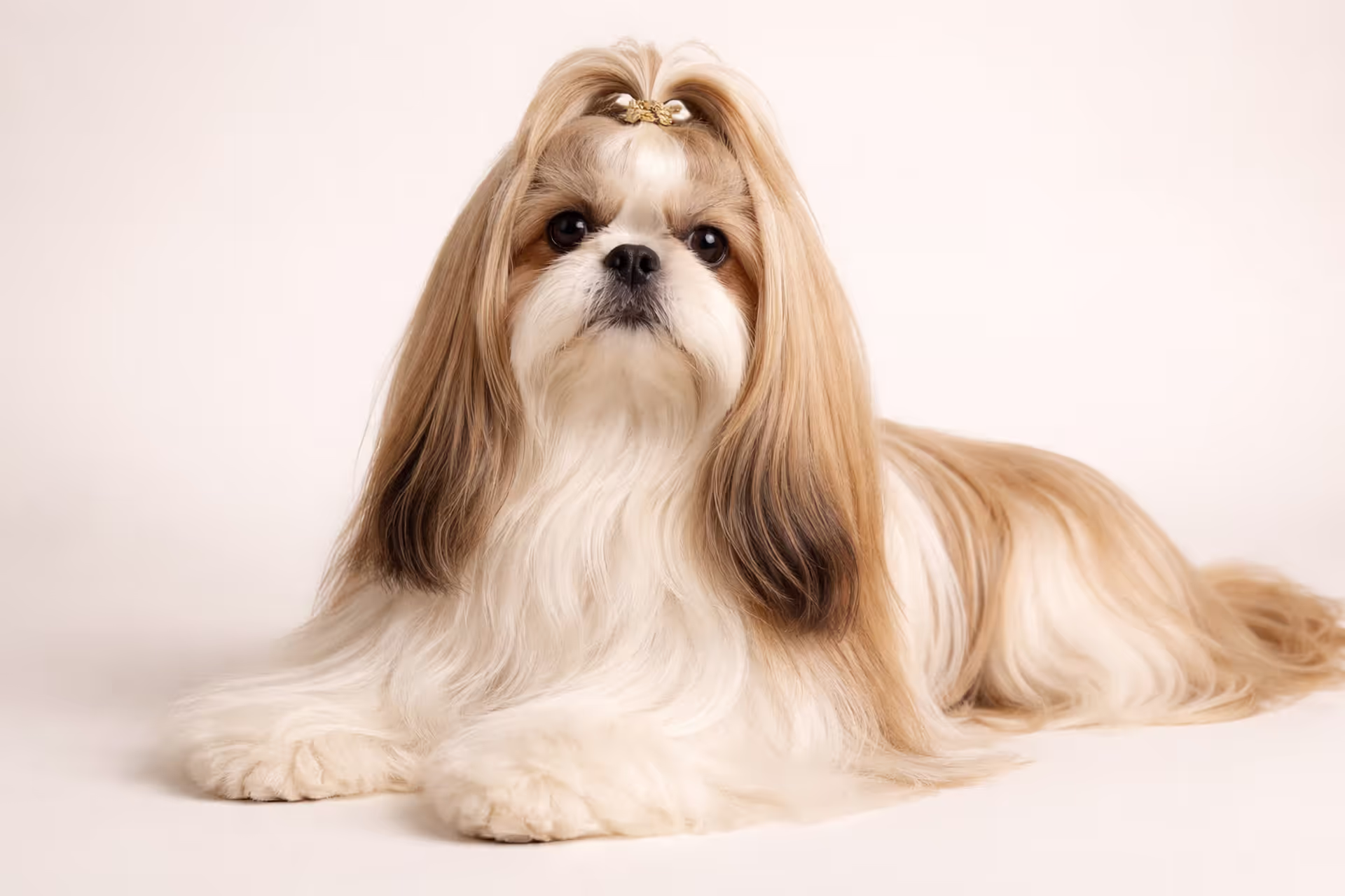 Adult Shih Tzu with long silky white and gold coat sitting against light background