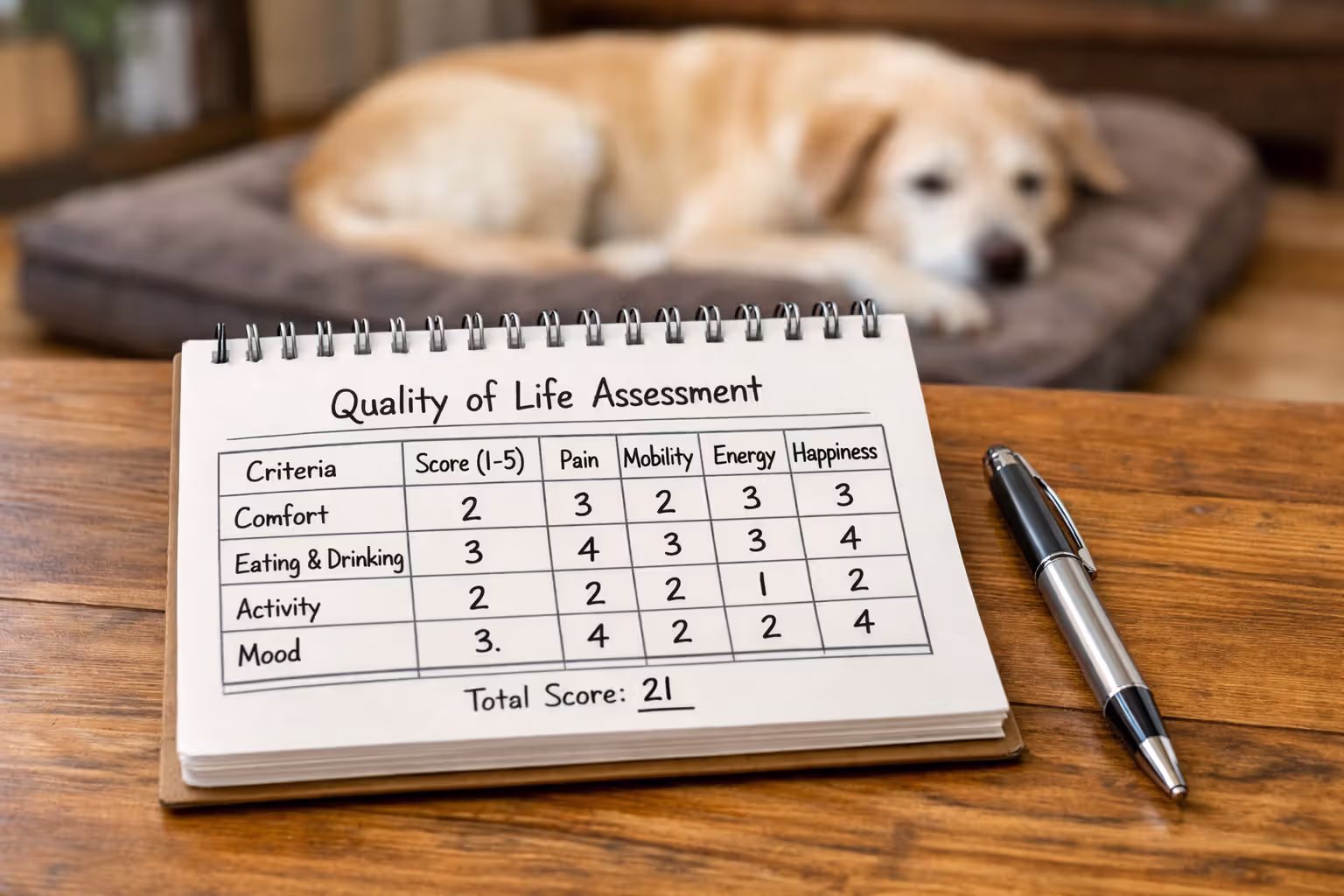 A notebook with a dog quality of life assessment chart