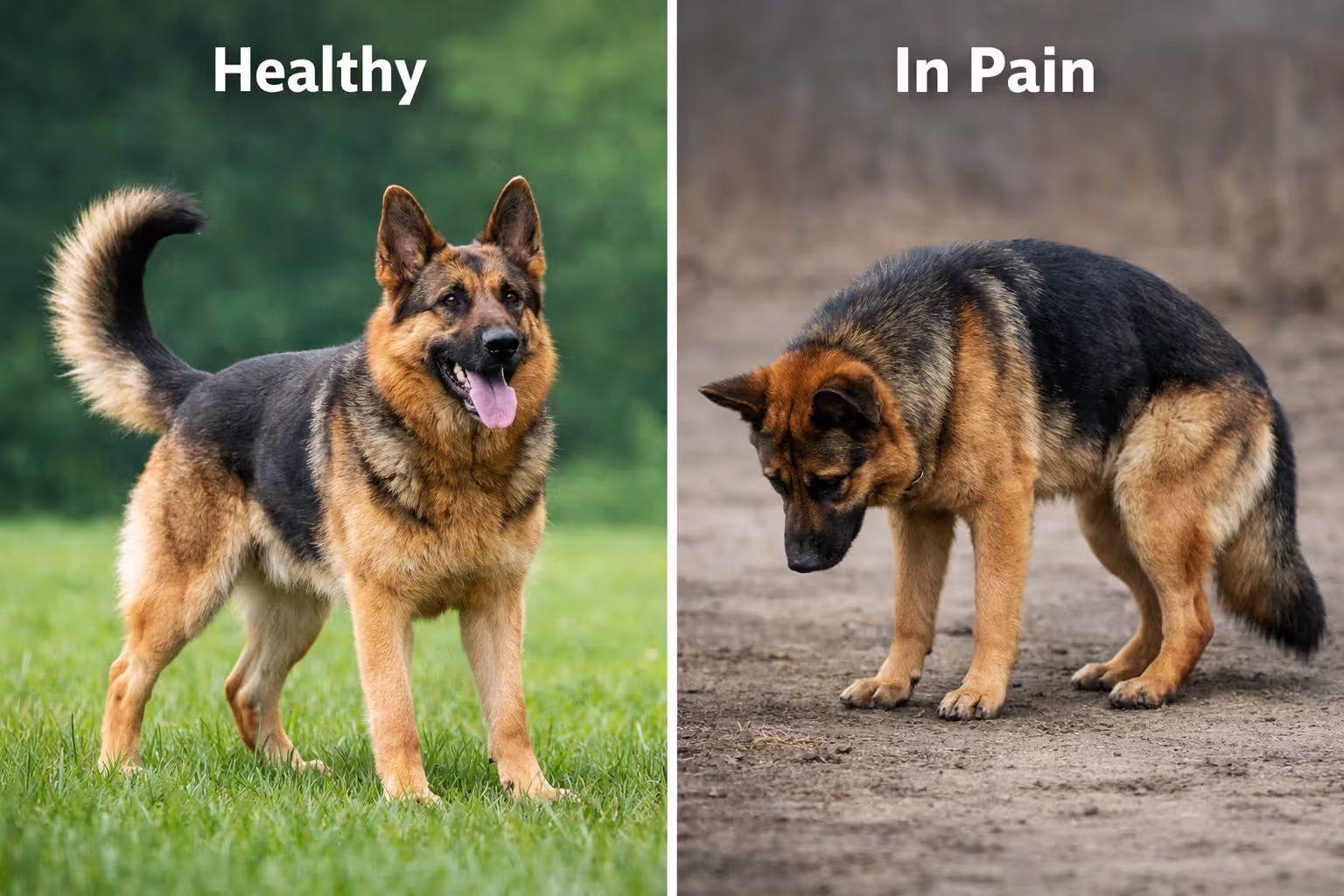 Visual comparison of healthy dog posture versus pain posture signs