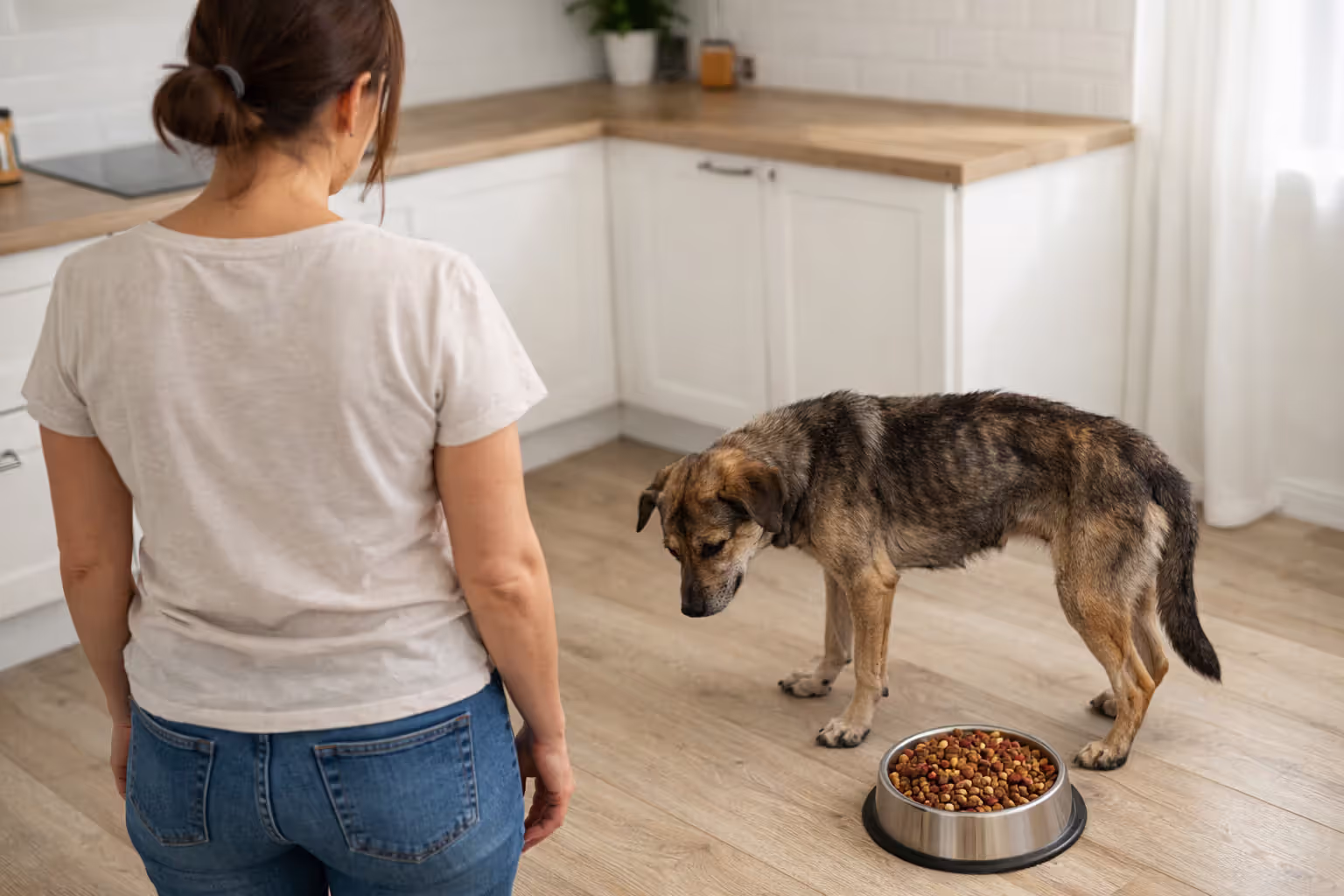 Thin dog with dull coat turning away from a full food bowl showing loss of appetite as a symptom of worm infection