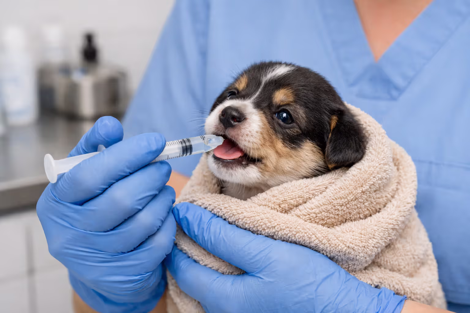 Veterinary technician administering liquid deworming medication to a very young puppy wrapped in a towel