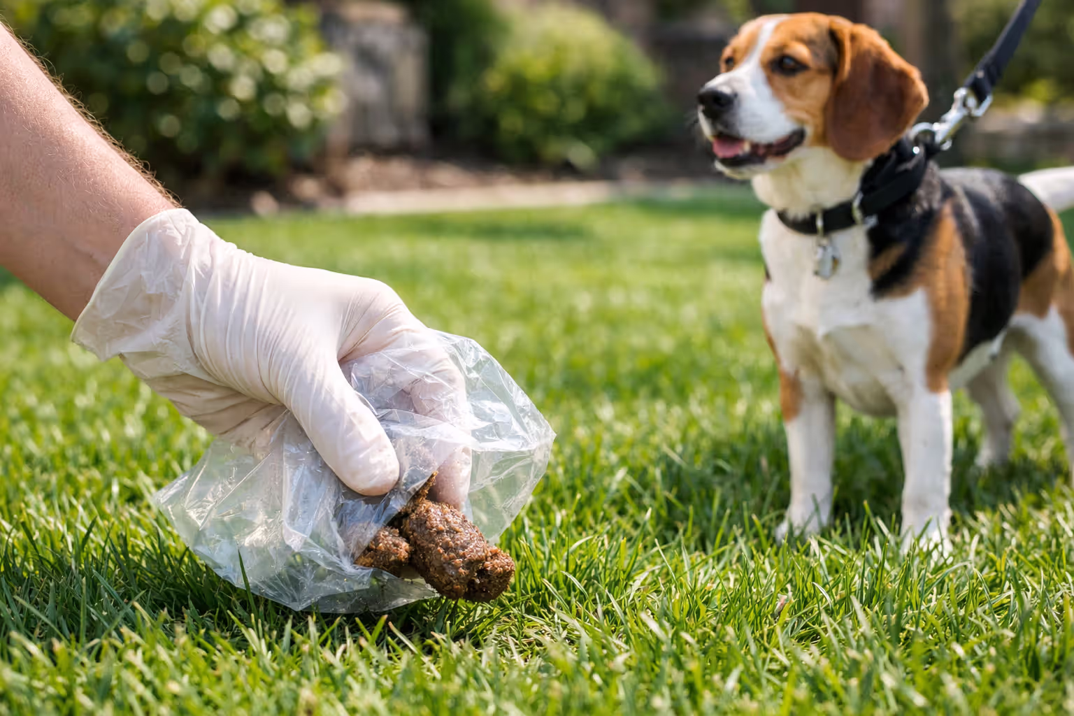 Dog owner wearing a disposable glove picking up dog waste from a green lawn with a plastic bag as part of parasite prevention hygiene
