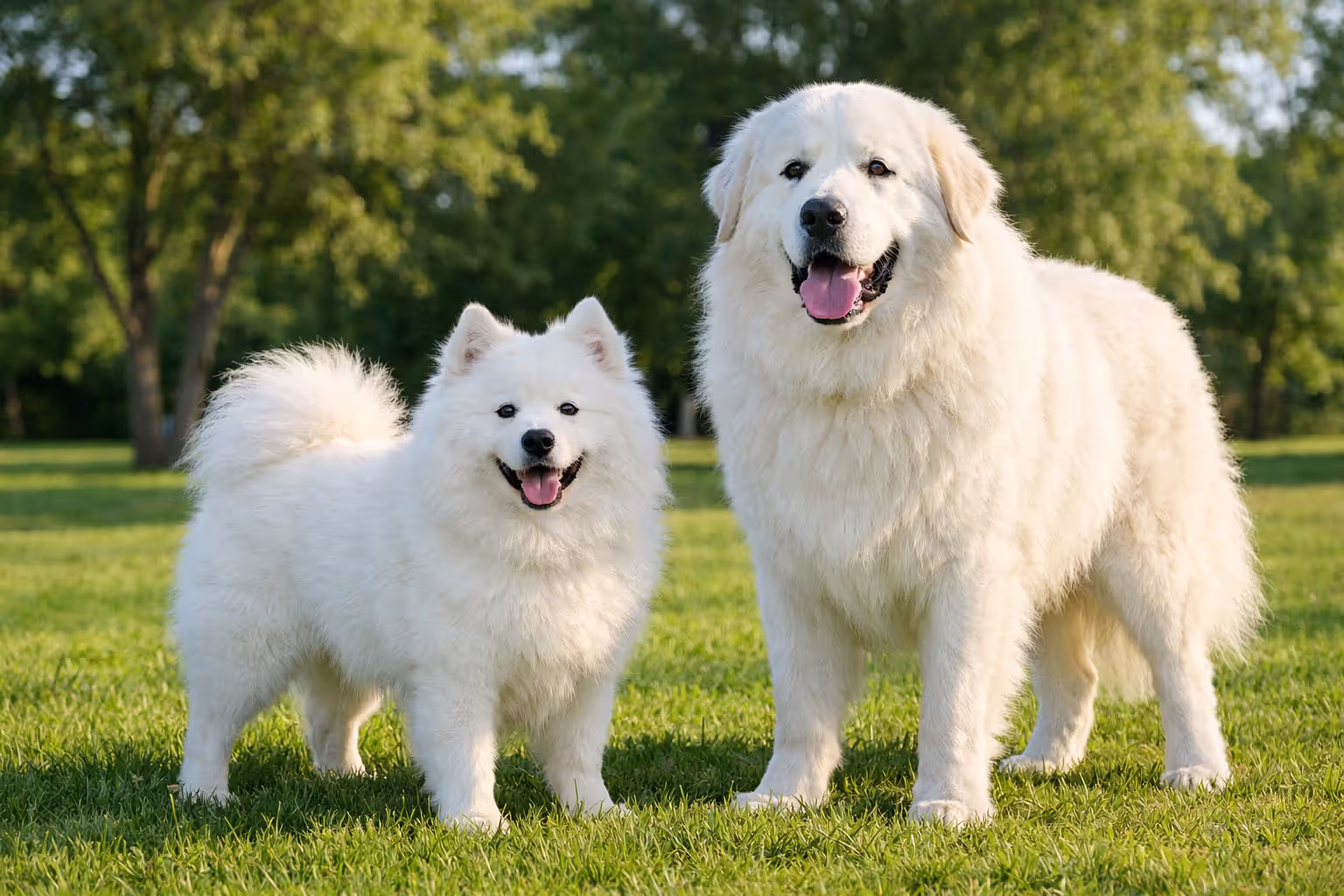 Samoyed and Australian Shepherd standing together outdoors showing coat differences