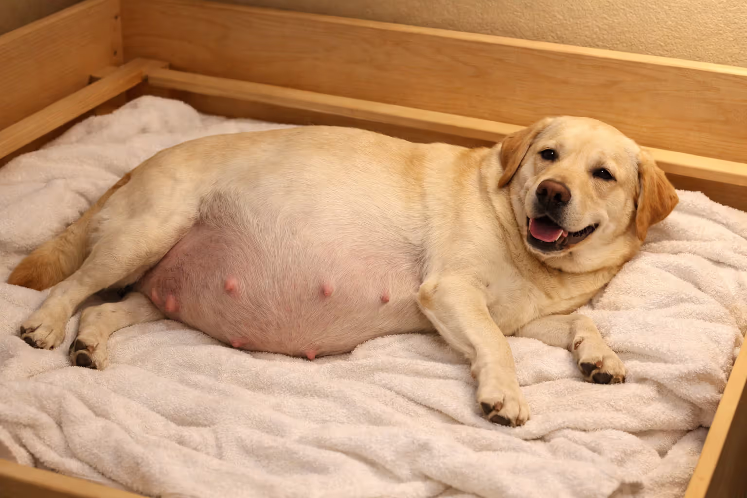 Heavily pregnant Labrador retriever resting on her side in a prepared whelping box lined with white towels during week nine