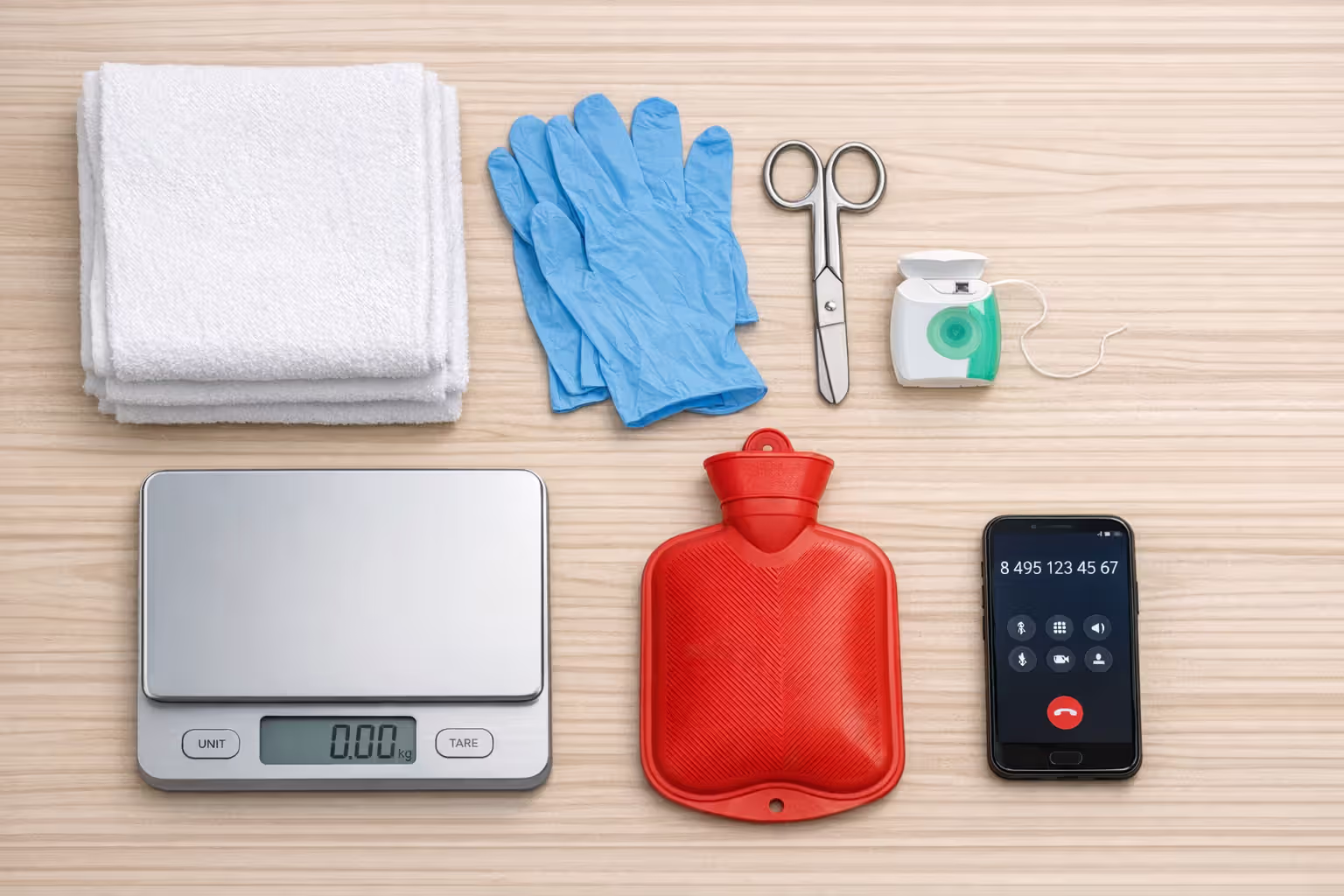 Flat lay of dog whelping supplies including towels, gloves, scissors, dental floss, digital scale, and heating pad on a wooden table