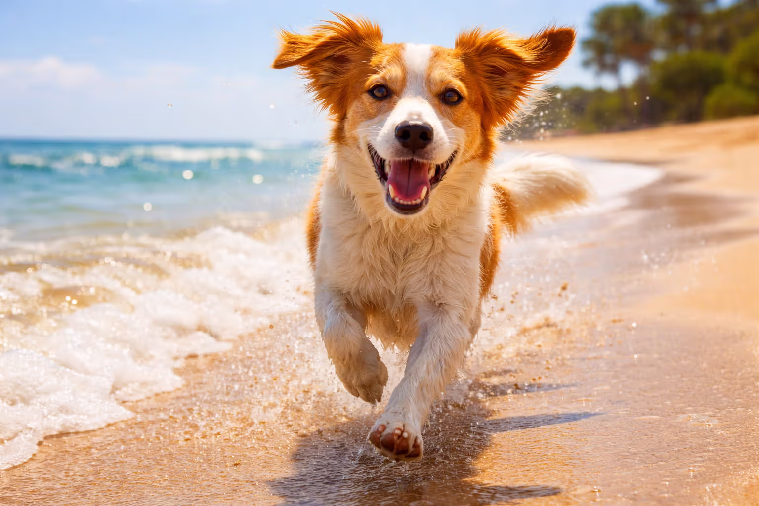 Happy mixed breed dog with red and white coat running on a sandy beach toward the camera with water splashing on a sunny day