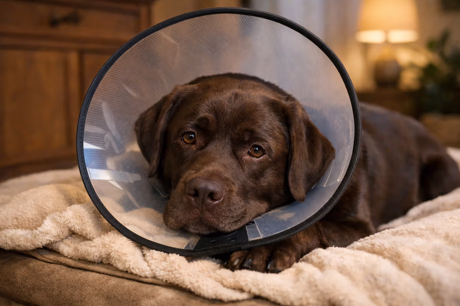 Chocolate Labrador wearing a clear plastic cone collar while resting on a soft bed during hot spot recovery