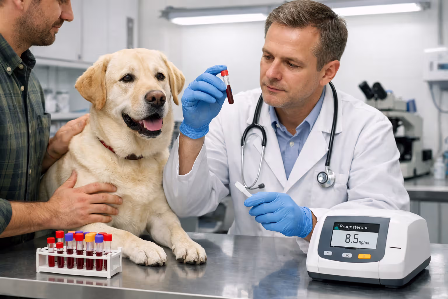 Veterinarian performing progesterone blood test on a dog in a veterinary clinic to determine optimal breeding timing