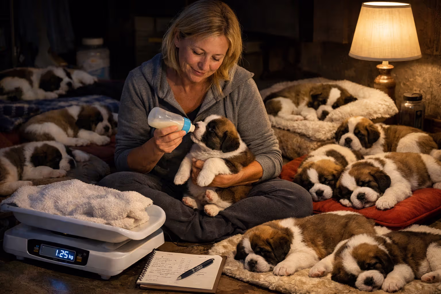 Breeder bottle-feeding a puppy from a large Mastiff litter at night with weighing scale and care supplies nearby