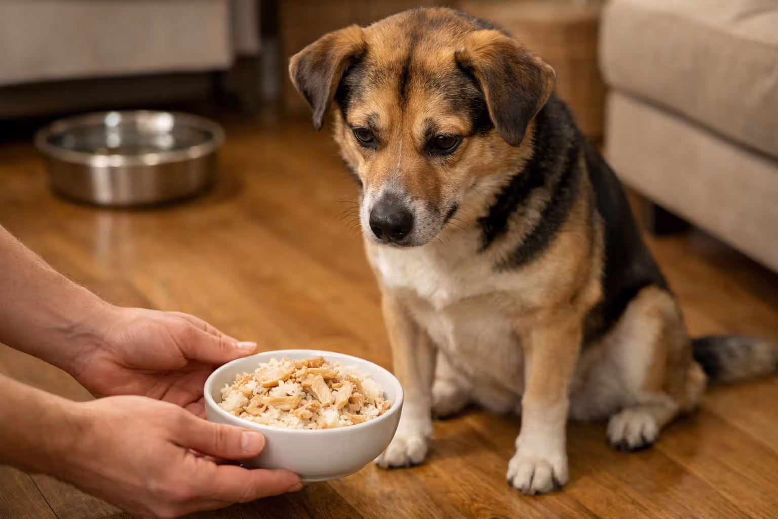 Dog owner placing a small bowl of plain boiled chicken and white rice in front of a dog as bland diet after vomiting