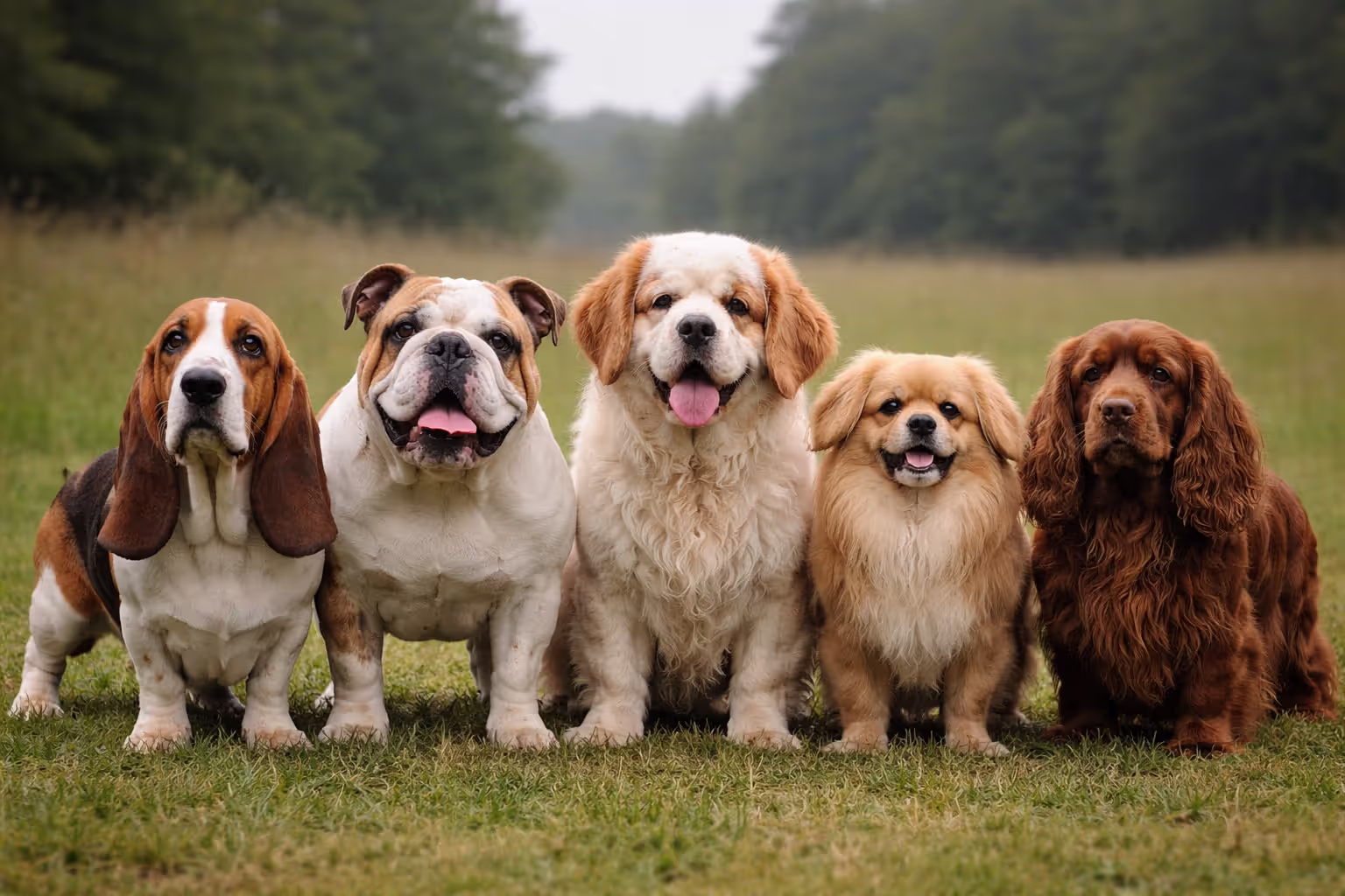Five medium-sized low-energy breeds on a meadow: Basset Hound, English Bulldog, Clumber Spaniel, Tibetan Spaniel, and Sussex Spaniel
