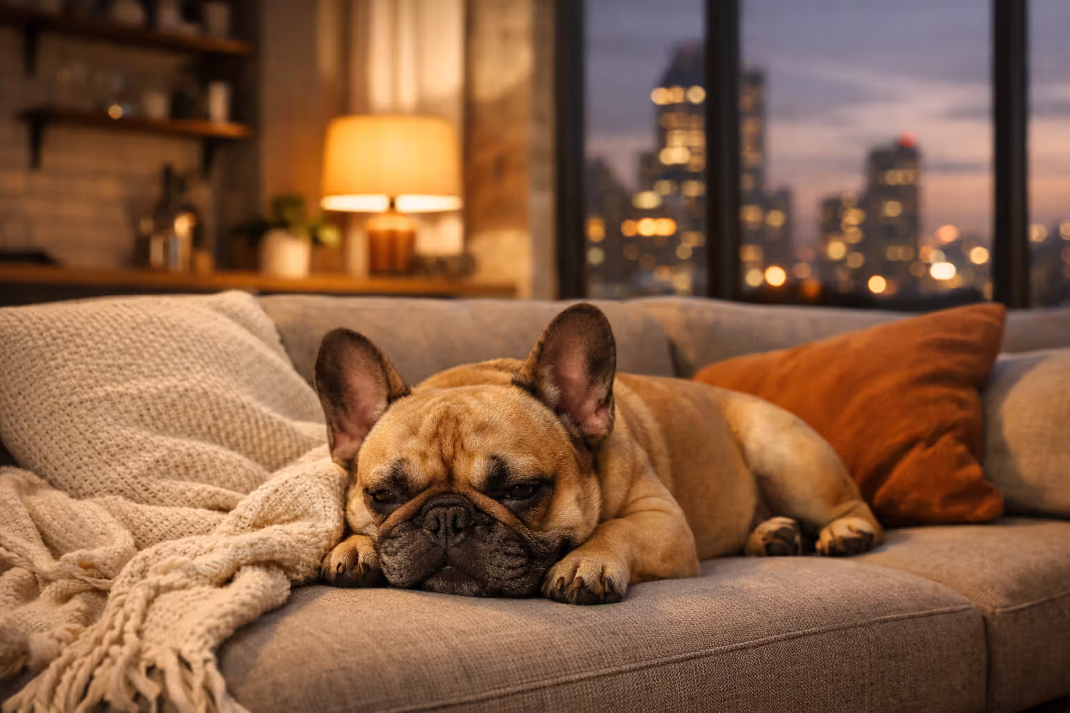 French Bulldog relaxing on a couch in a modern apartment with city view through the window