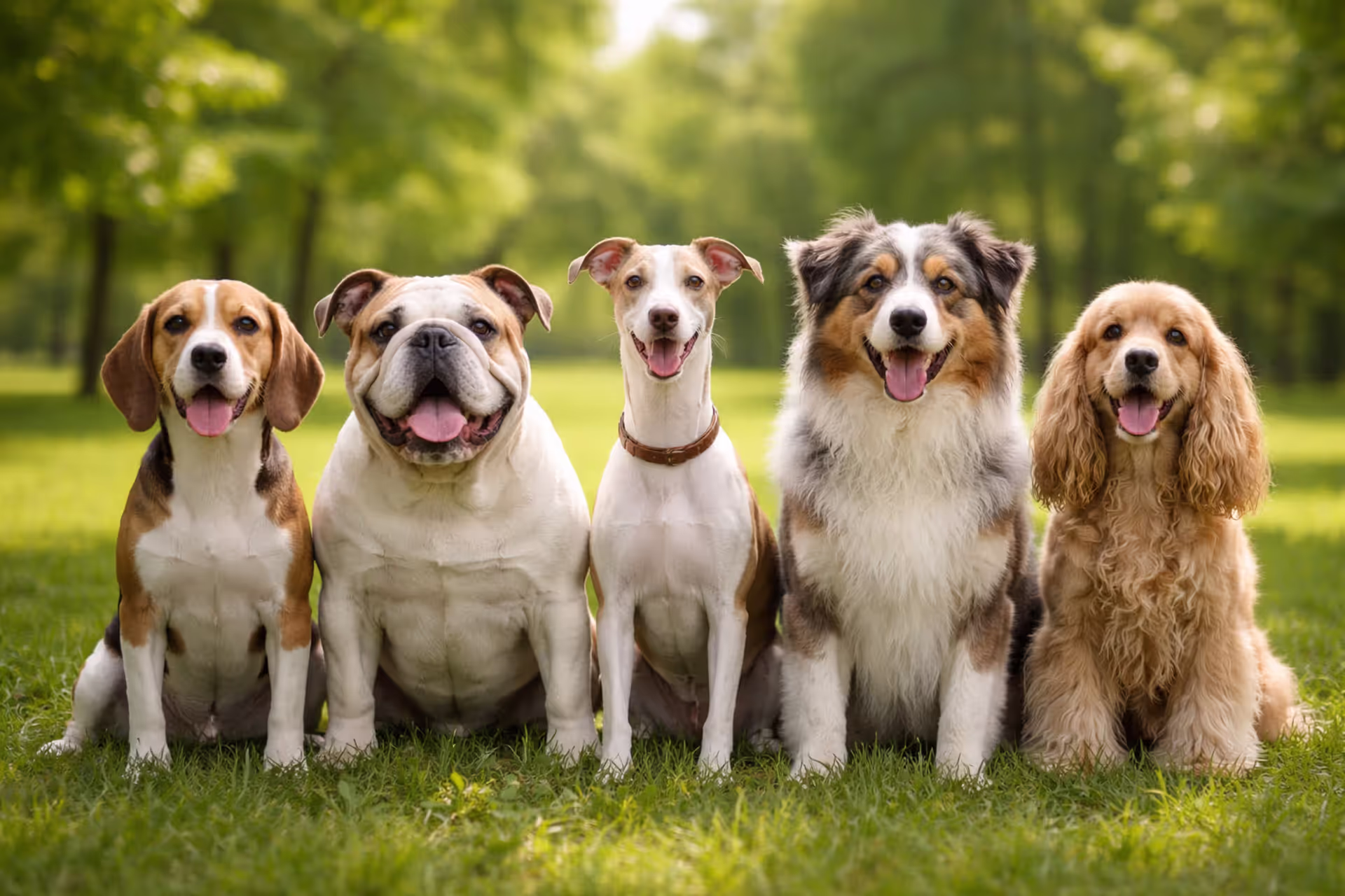 Group of medium sized dog breeds including Beagle, Bulldog, Whippet, Poodle, Australian Shepherd, and Cocker Spaniel sitting together on green grass in a park