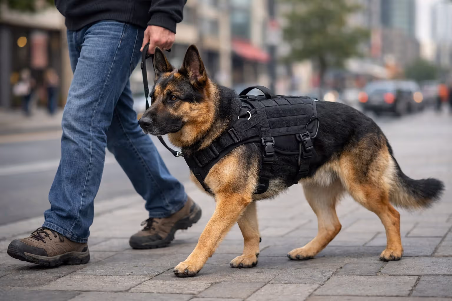 Calm German Shepherd walking on leash beside owner on city sidewalk