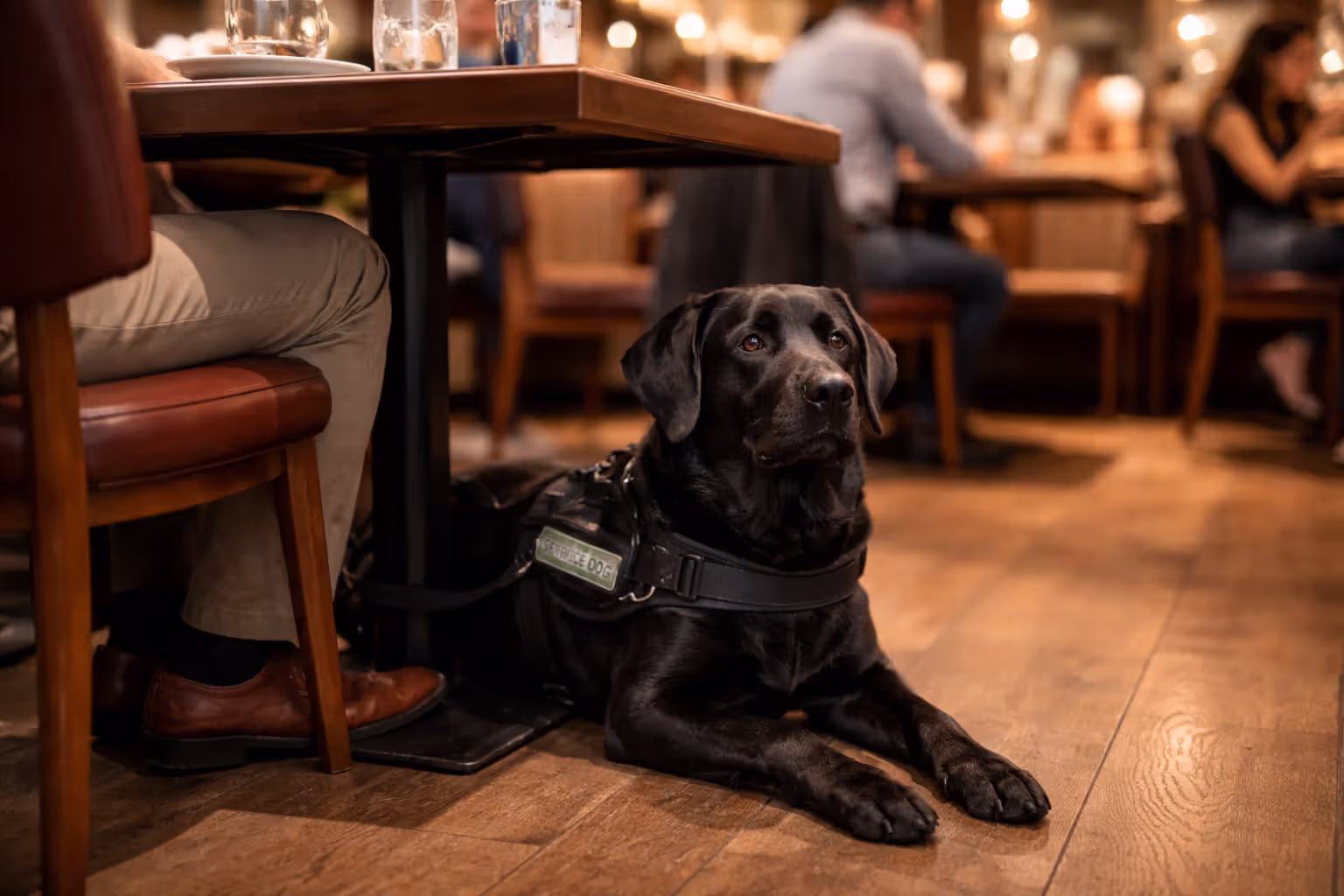 Black Labrador retriever in a service harness lying calmly under a restaurant table next to its handler