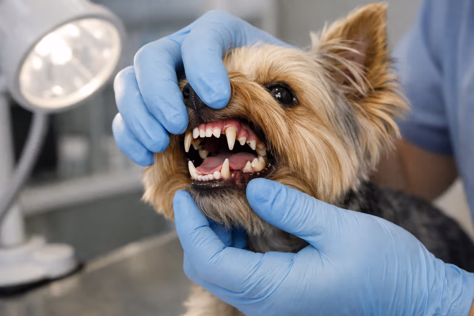 Veterinarian in gloves examining teeth of a small Yorkshire Terrier on an exam table in a veterinary clinic