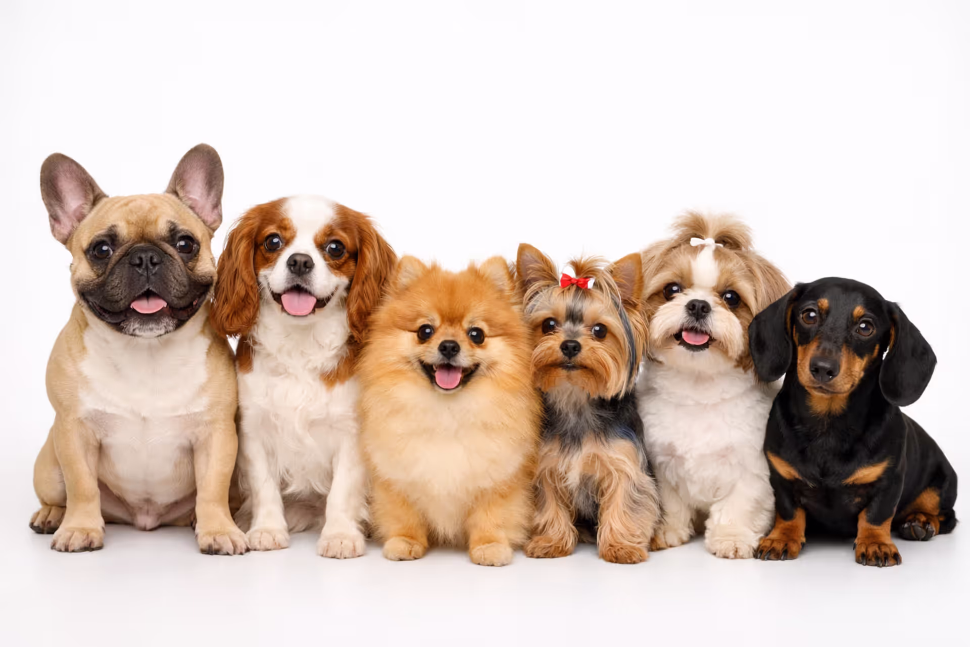 Group of popular small dog breeds including French Bulldog, Cavalier King Charles Spaniel, Pomeranian, Yorkshire Terrier, Shih Tzu, and Dachshund sitting together on a light background