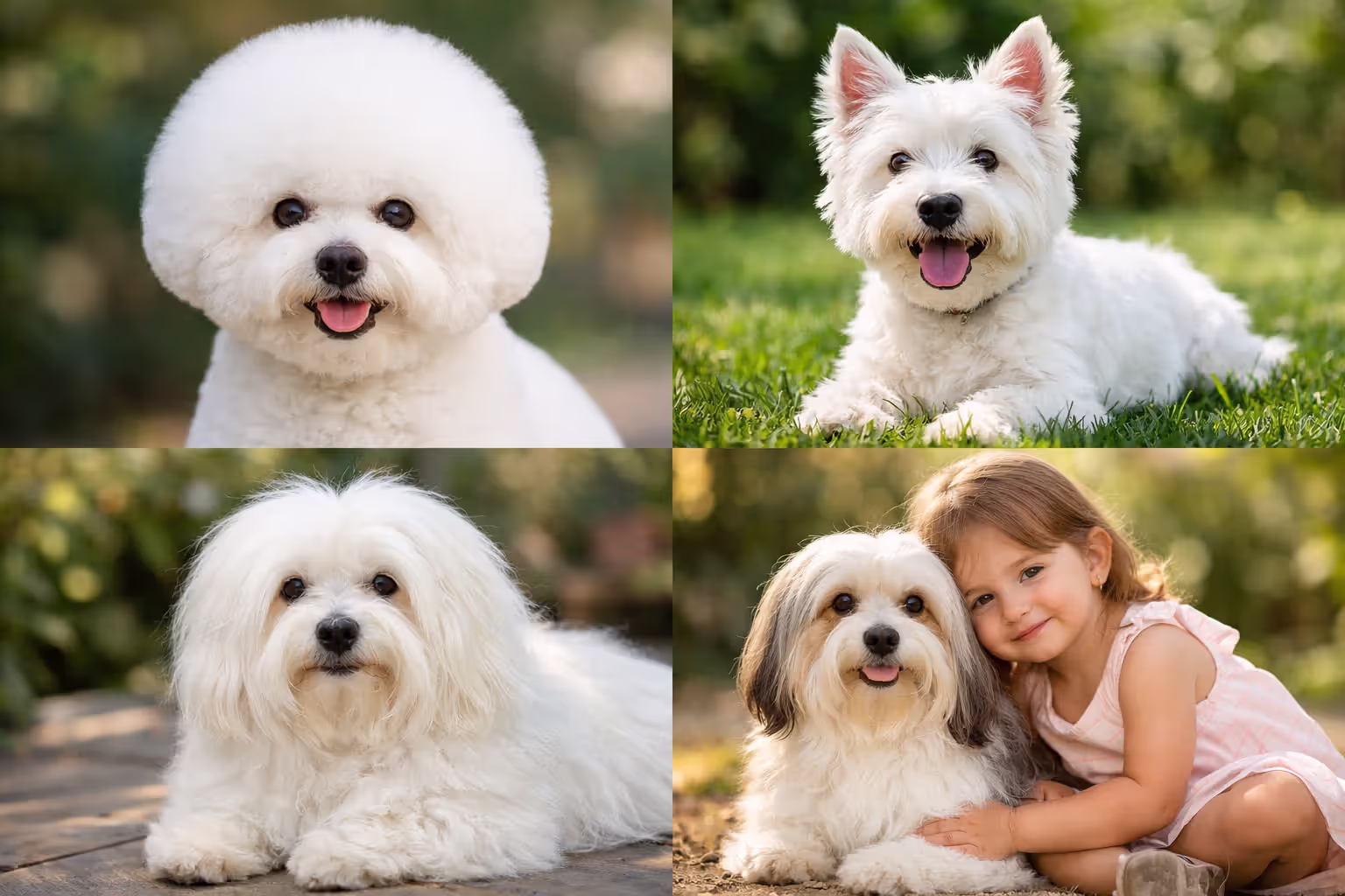 Four small white dog breeds in a collage — Bichon Frise, West Highland White Terrier, Coton de Tulear, and Havanese in natural settings
