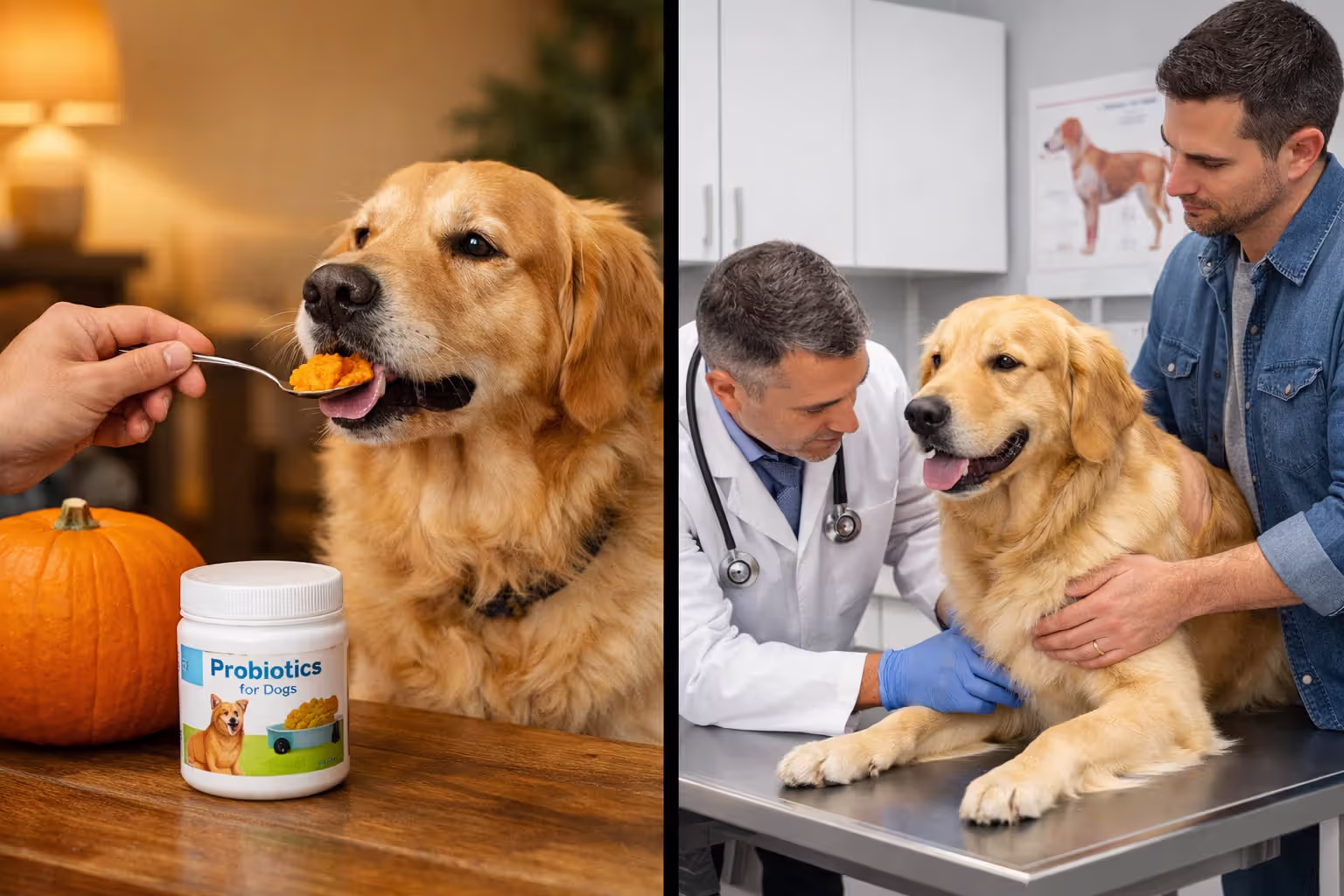 Split image comparing home remedies for dog gas on left side and veterinary examination on right side